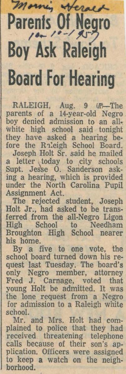 This is an image of the article "Parents of Negro Boy Ask Raleigh Board for Hearing" from August 9, 1957.
