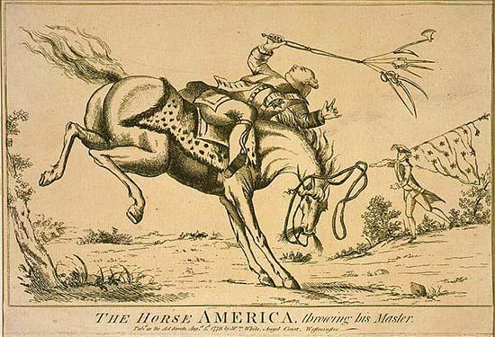 The horse America, throwing his master. This is an image of a horse throwing its rider, King George III. It is titled "The horse America, throwing his master." The etching represents the sentiment that the colonies' desire to "throw off" British Colonial rule was akin to a horse throwing its master. (1779 print from Library of Congress, British Cartoon Prints Collection.)