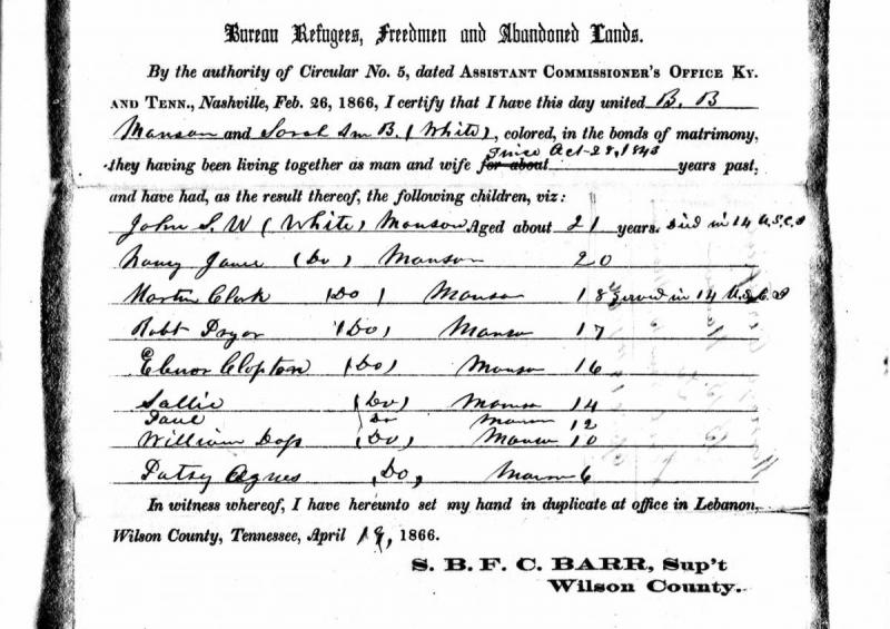 Marriage certificate issued by the Freedmen's Bureau for Sarah and B. B. Manson Marriage certificate issued by the Freedmen's Bureau for Sarah and B. B. Manson