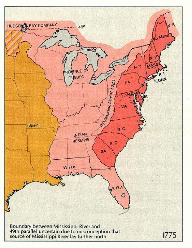 This map shows the restrictions on the colonies’ westward expansion under the Proclamation of 1763. Much of the territory west of the Appalachians (shown here in pink) was reserved to American Indians.