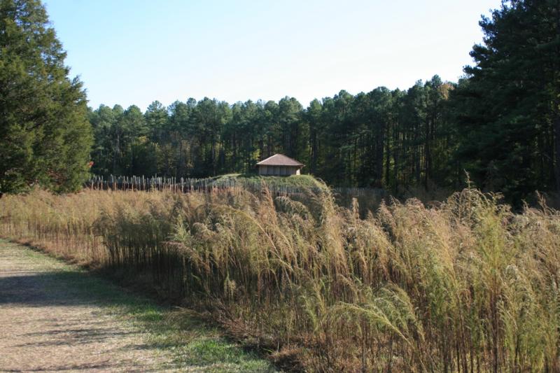 Prairie surrounded by woodland. There is a building on a mound in the background. It is sunny and the sky is blue. 