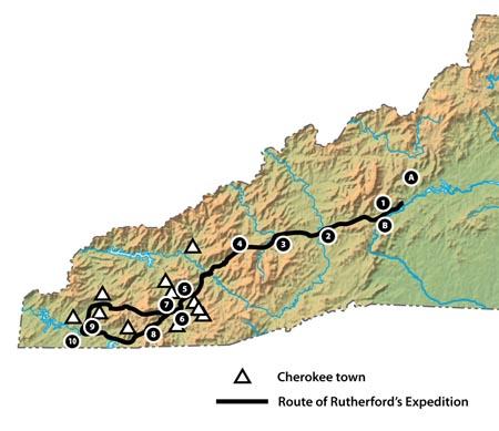 Map depicting a trail traversing western North Carolina. It meanders through much of the mountains. 