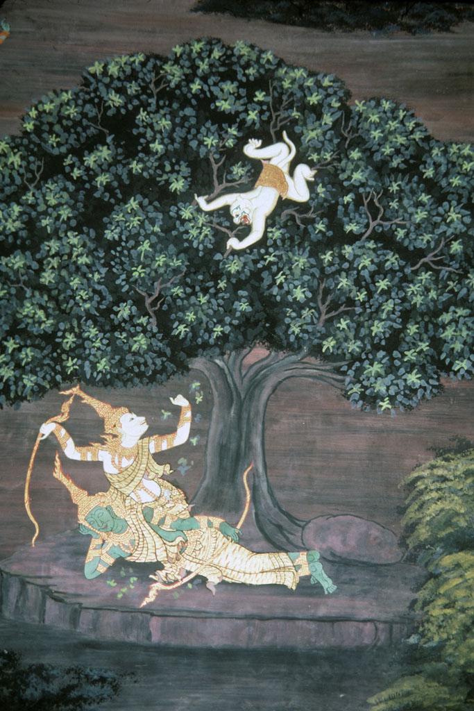 <img typeof="foaf:Image" src="http://statelibrarync.org/learnnc/sites/default/files/images/thai_rama_095.jpg" width="683" height="1024" alt="Monkey god Hanuman in tree approaches Rama and Laksman" title="Monkey god Hanuman in tree approaches Rama and Laksman" />