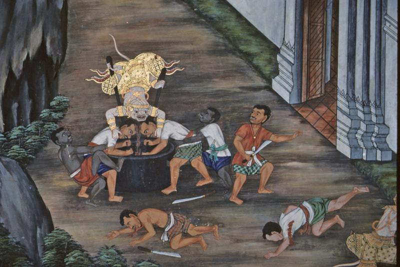 <img typeof="foaf:Image" src="http://statelibrarync.org/learnnc/sites/default/files/images/thai_rama_107.jpg" width="1024" height="683" alt="Hanuman knocking heads of Ravana's guards outside palace" title="Hanuman knocking heads of Ravana's guards outside palace" />