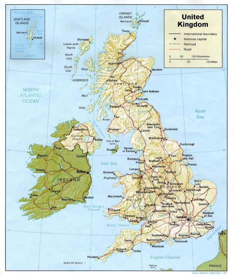 Map depicting the British Isles on a shaded relief map. Railroads, cities, and roads are marked. 