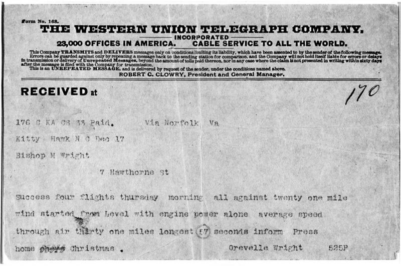 Telegram announcing the first successful powered flight Telegram announcing the first successful powered flight