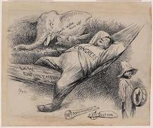 Cartoon shows Congress as a fat man asleep in a hammock labeled "Law Enforcement." A broken blunderbuss, labeled "14th Amendment, 2nd Section," lies at his feet. A small black boy walks by holding a drum, but an elephant cautions, "Don't wake him up!" 