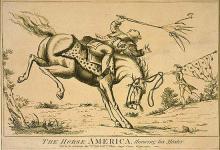 This is an image of a horse throwing its rider, King George III. It is titled "The horse America, throwing his master." The etching represents the sentiment that the colonies' desire to "throw off" British Colonial rule was akin to a horse throwing its master. (1779 print from Library of Congress, British Cartoon Prints Collection.)