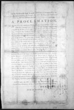 Image of the printed text of Lord Dunmore's Proclamation, made on November 7, 1775.  Part of the proclamation promised freedom to slaves who would leave their Patriot masters to join Dumore's forces and the British Army. 