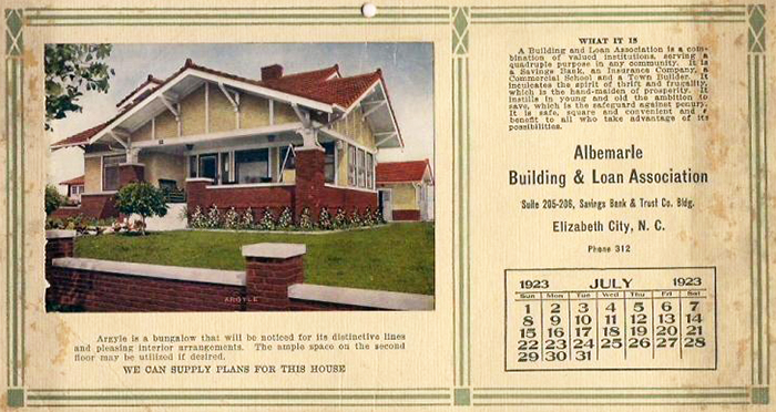 Calendar from the Albemarle Building and Loan Association, 1923, showing a house that could be built with plans from the association. Image from the North Carolina Museum of History.