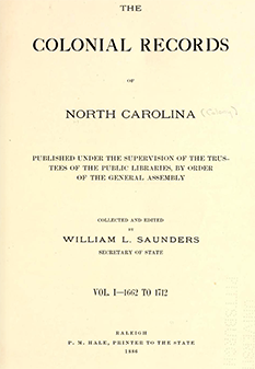 Title page of The Colonial Records of North Carolina, 1886. Image from Archive.org.