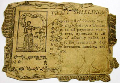 Counterfeit North Carolina 20 shilling note, 1783-1785. Image from the North Carolina Museum of History.