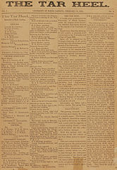 First issue of The Tar Heel February 23, 1893;, later renamed The Daily Tar Heel. Image from the Wikimedia Commons. Click to see a larger version.