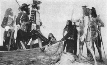 "Photo of a group in the U. S. National Museum, Washington, D. C.  Captain John Smith and companions trading with the Indians in Virginia, 1607. The colonists seek corn and furs from the natives in exchange for beads, trinkets, utensils and cloth." Image courtesy of Project Gutenberg. 