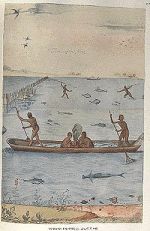 "Indians Fishing", watercolor by John White, created 1585-86. Depicts a coastal Algonquian Tribe. Image courtesy of the Trustees of the London Museum.