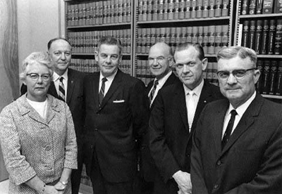The first six judges appointed to the Court of Appeals in 1967. From right to left, Naomi E. Morris, James C. Farthing, Walter E. Brock, Hugh B. Campbell, David M. Britt, and Raymond B. Mallard.