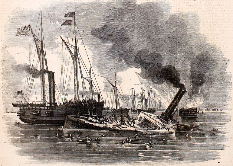 An engraving from Harper's Weekly titled 'The Destruction of Commodore Lynch's Fleet by Union Gunboats,' 1862. Image from Archive.org. 