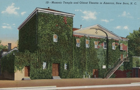 Postcard of the Masonic Temple and Oldest Theatre in America, New Bern, N.C. Image from the North Carolina Collection Photographic Archives, UNC-Chapel Hill.