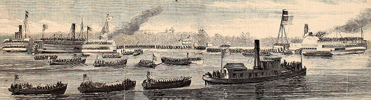 Engraving labeled "The Burnside Expedition - Landing of the national troops on Roanoke Island, under cover of the Union gunboats Delaware and Picket." Image from Archive.org.