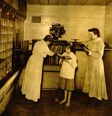 Book deposit station in the Post Office at Jamestown (Guilford County), 1915. In 1915, the county commissioners appropriated funding for free service to county residents living outside the Greensboro city limits. In addition to opening library use to rural residents and offering telephone and mail service, the library placed stations in various places, including post offices, each with a bookshelf holding fifty books. The postmasters often served as librarians.