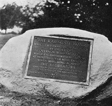Tablet and boulder commemorating the Ramsgate Road, dedicated May 17, 1924 by the Bllomsbury Chapter of the Daughters of the American Revolution. Image from the North Carolina Booklet.