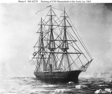 "CSS Shenandoah (1864-1865). Painting depicting the Confederate cruiser in the Arctic ice, circa June 1865. This image has been credited to the "Illustrated London News", though it appears to be a painting on canvas and not a line engraving.  U.S. Naval Historical Center Photograph." Image Courtesy of Naval Historical Center. 