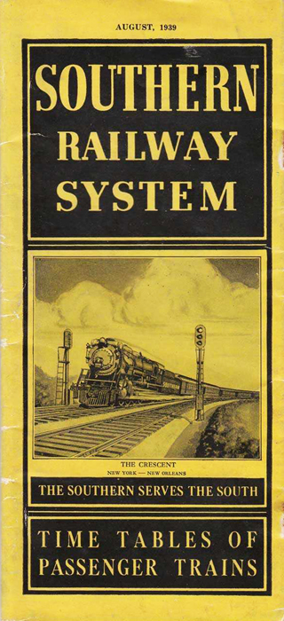 Southern Railway System timetable pamphlet, 1939. Image from North Carolina Historic Sites.