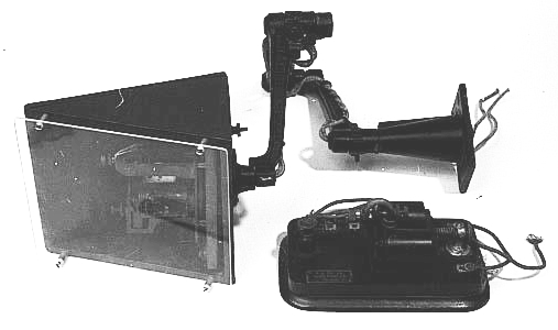 Telegraph transceiver; annunciator and coils on wooden platform with a swivel base fixed to end of a cast iron extension arm, 1918
