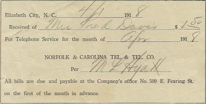 Telephone bill from the Norfolk and Carolina Telephone and Telegraph Company from 1918. 