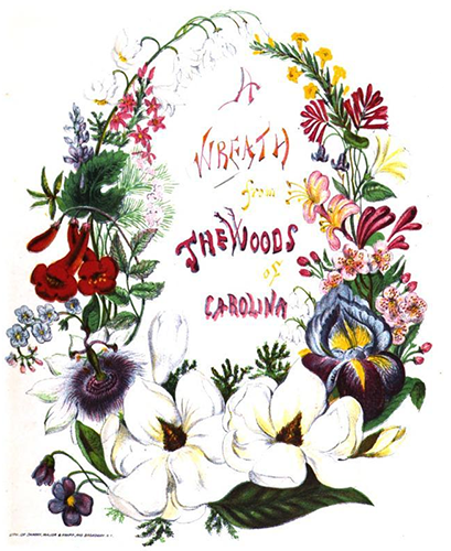 Colored engraving of the title illustration for A Wreath from the Woods of Carolina. Image from Google Books.