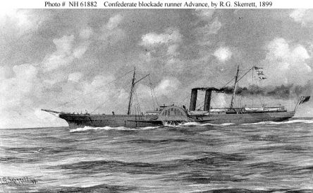 Confederate Blockade Runner Advance  Sepia wash drawing by R.G. Skerrett, 1899.  Courtesy of the U.S. Navy Art Collection, Washington, D.C.  U.S. Naval Historical Center Photograph.Photo #: NH 61882