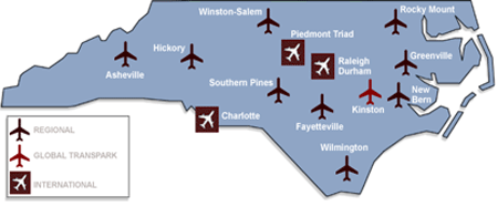 Map of commercial airports in North Carolina