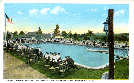B681 Swimming Pool, Biltmore Forest Country Club, Asheville, NC published by Southern Post Card Co, Asheville, NC. From the Georgia Historical Society Postcard Collection, c. 1905-1960s, North Carolina State Archives, call #:  PhC45_1_Ash34. 