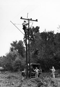 Unidentified Carolina Power and Light work crew and truck, unknown rural location, no date. North Carolina State Archives, call no. PhC68_1_263_15.