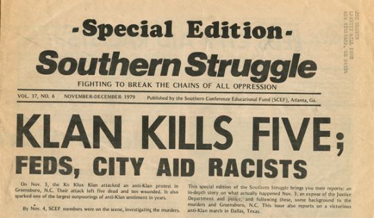 "November 3, 1979: Greensboro Killings." Newspaper article on the massecre of the Communist Workers Party by the Ku Klux Klan.Image courtesy of University of North Carolina at Chapel Hill Libraries. 