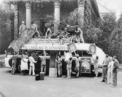 Members of the Carolina Playmakers load a bus with props before leaving on a tour in the fall of 1941. The company, based at the University of North Carolina in Chapel Hill, played an important role in the development of American folk drama and nurtured several generations of North Carolina theater artists. North Carolina Collection, University of North Carolina at Chapel Hill Library.