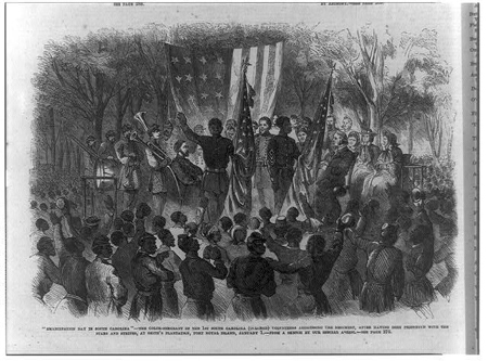 "'Emancipation Day in South Carolina' - the Color-Sergeant of hte 1st South Carolina (Colored) addressing the regiment, after being presented with the Stars and Stripes, at Smith's plantation, Port Royal, January 1." 1863. Library of Congress Prints and Photographs Division. 