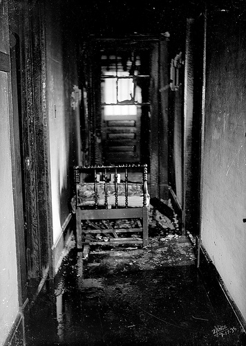 17 July 1936 photo of fire damage in an interior. From the Dunn Area (Lewis White Studio) Photo Collection, PhC.121, North Carolina State Archives, Raleigh, NC, call #:  PhC.121-3. 