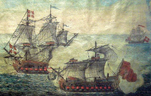 Detail of an ex voto [votive offering] of a naval battle between a Turkish ship from Alger and a ship of the Order of Malta under Langon 1719. Musee de la Legion d'Honneur.