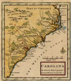 "Carolina" by Herman Moll, Geographer. Published at the time of Governor Cary's leadership. 
