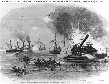"Attack of the Rebels upon our Gun-boat Flotilla at Galveston, Texas, January 1, 1863."  Line engraving published in "Harper's Weekly", 1863. USS Harriet Lane is shown in the left distance, under attack by the Confederate gunboats Neptune and Bayou City. The grounded USS Westfield is at right, being blown up to prevent capture. USS Owasco is in the center of the view. " Image courtesy of the  U.S. Naval Historical Center Photograph.