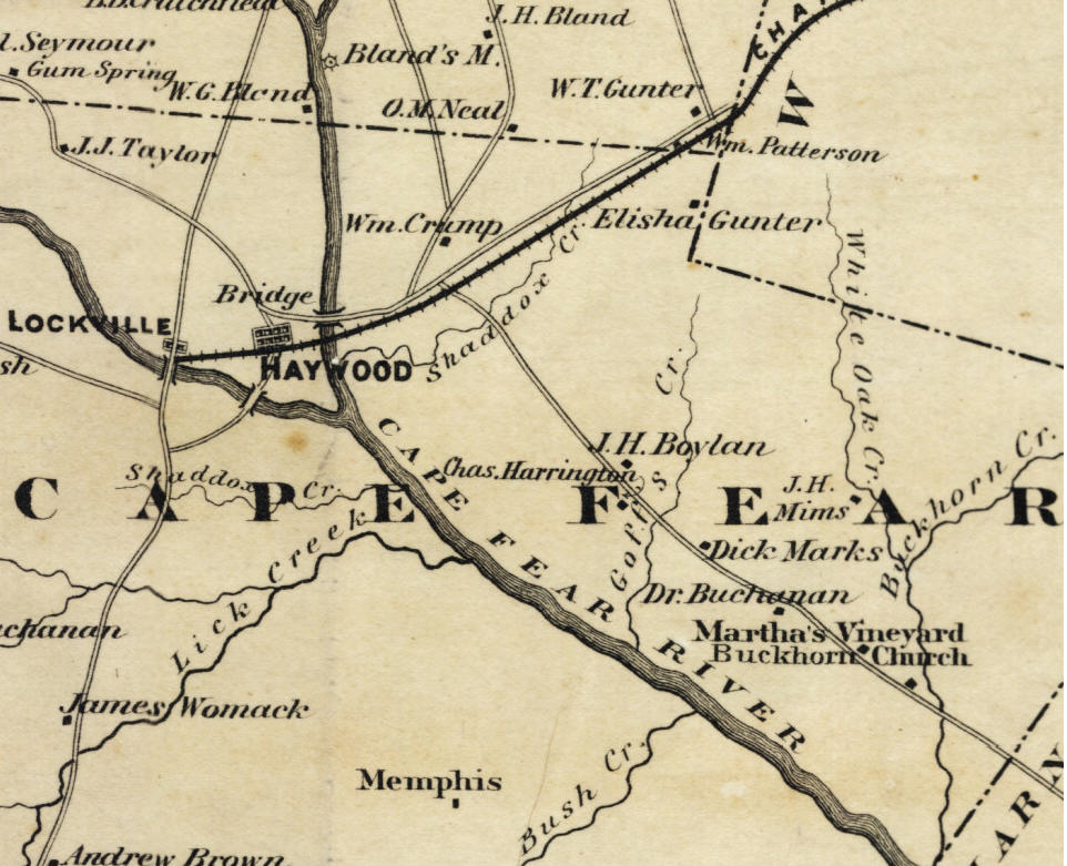 Portion of a 1870 map of Chatham County by Nathan Ramsey showing Haywood's location. Map owned by NC State Archives. Available online in the NC Maps Collection.