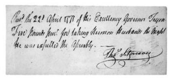 Receipt given to Thomas Sitgreaves for assisting in Herman Husbands' 1771 incarceration. Image courtesy of the North Carolina Office of Archives and History, Raleigh, NC.