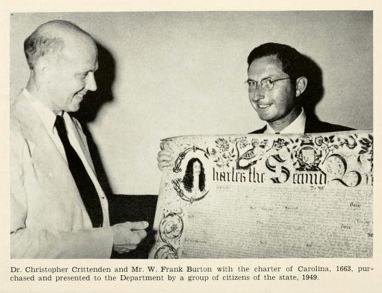 Photograph of Dr. Christopher Crittenden and Mr. Frank Burton with the Charter of Carolina, 1663.  From the <i>Twenty-Third Biennial Report of the North Carolina Department of Archives and History</i>, July 1, 1948 to June 30, 1950.  Published 1950 by the North Carolina Department of Archives and History.  Presented on Archive.org. 