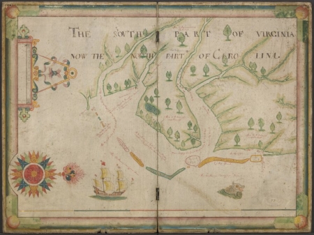 "The south part of Virginia, now the north part of Carolina," map by Nicholas Comberford, 1657.  From the collections of the New York Public Library.