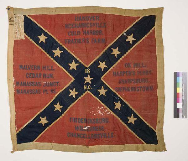 Confederate Battle Flag, associated with the 18th NCT, 1863.  From the collection of the North Carolina Museum of History.  Used courtesy of the North Carolina Department of Cultural Resources. 