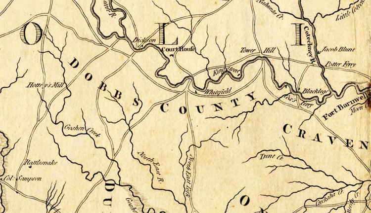 Section of Henry Mouzon's 1775 map of the Carolinas, showing Dobbs County. Image from North Carolina Maps.