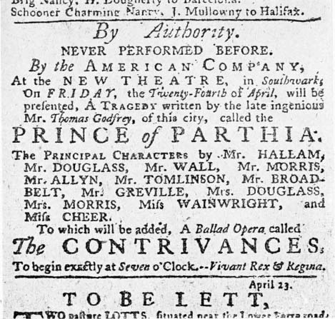 Announcement for the performance of Thomas Godfrey's "The Prince of Parthia," from the <i>Pennsylvania Journal</i>, August 23, 1767. 