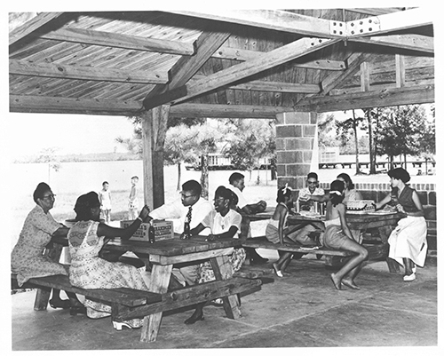 Photograph of family reunion at Jones Lake State Park, ca. 1945. From the collection of North Carolina State Parks.