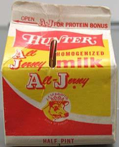 Color photograph of a milk carton from Hunter Jersey Farms, Inc., Charlotte, N.C. From the collections of the North Carolina Museum of History. Used courtesy of the North Carolina Department of Cultural Resources. 